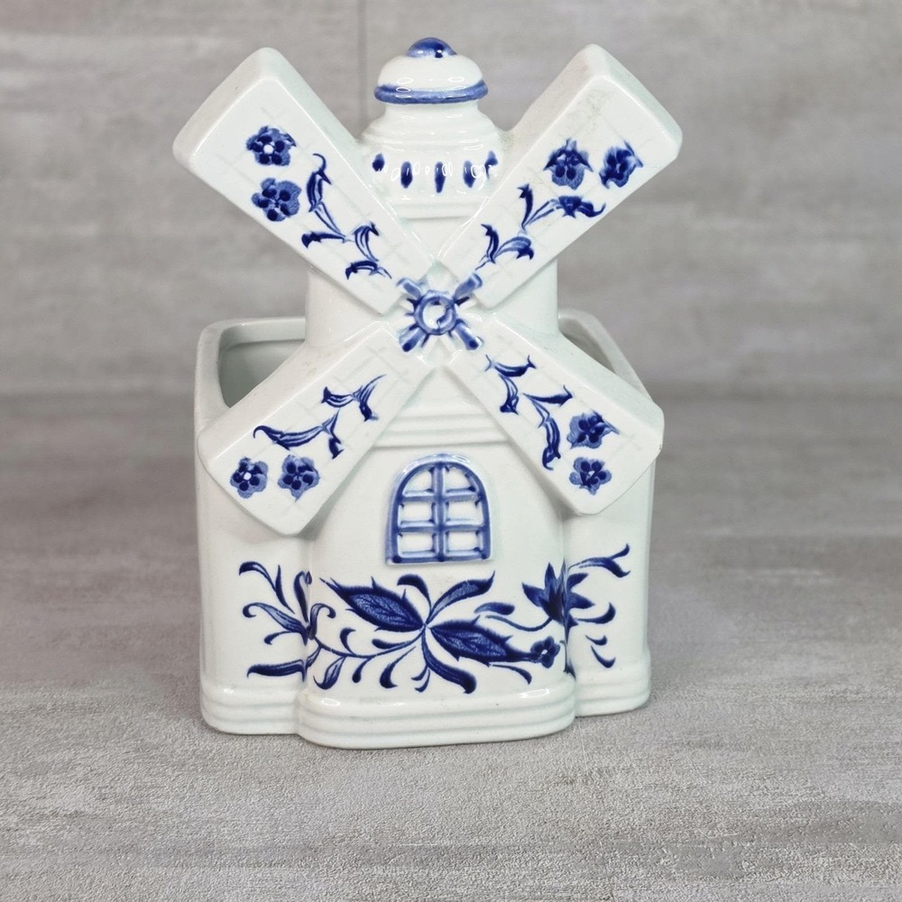 Vintage Inarco Japan Ceramic Windmill Planter Blue White Floral House Decor